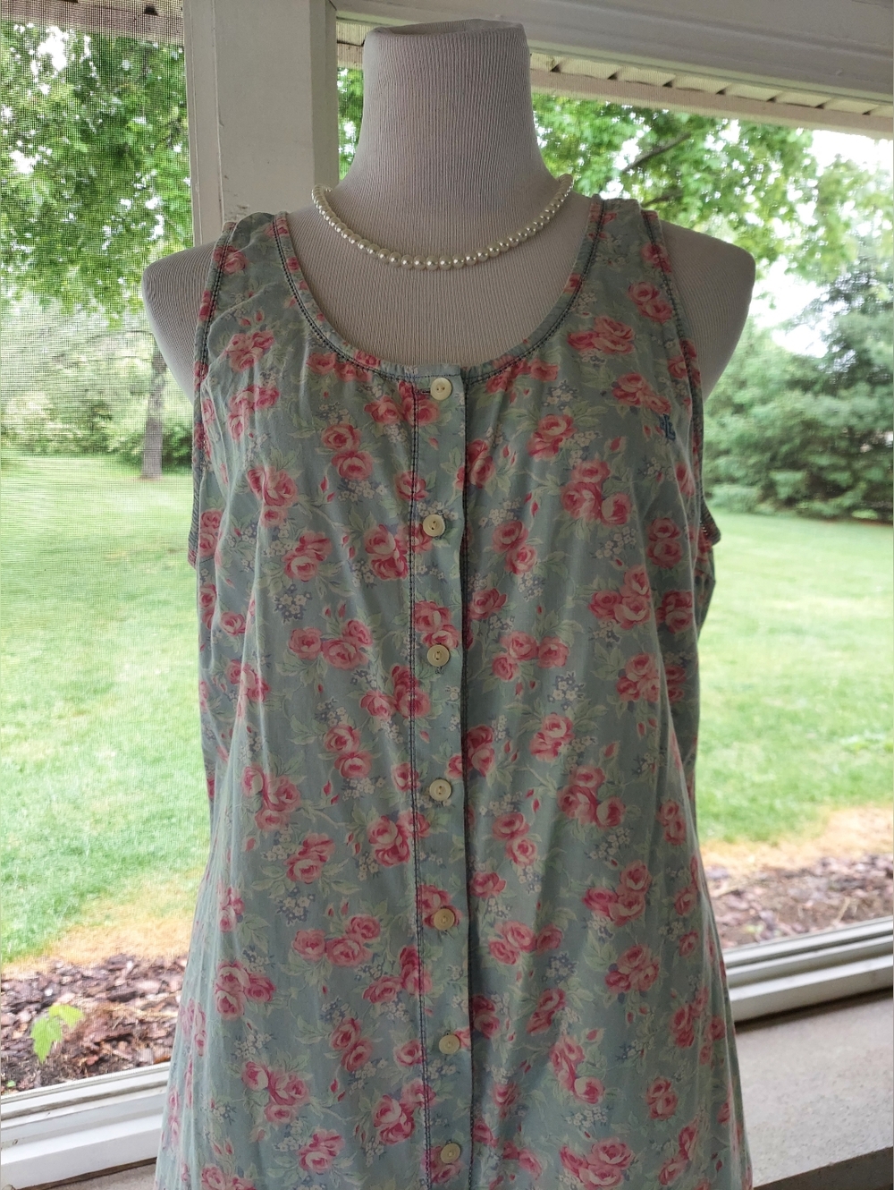 Vintage Cotton Ralph Lauren Blue Pink Floral Button-Front Maxi Sundress L